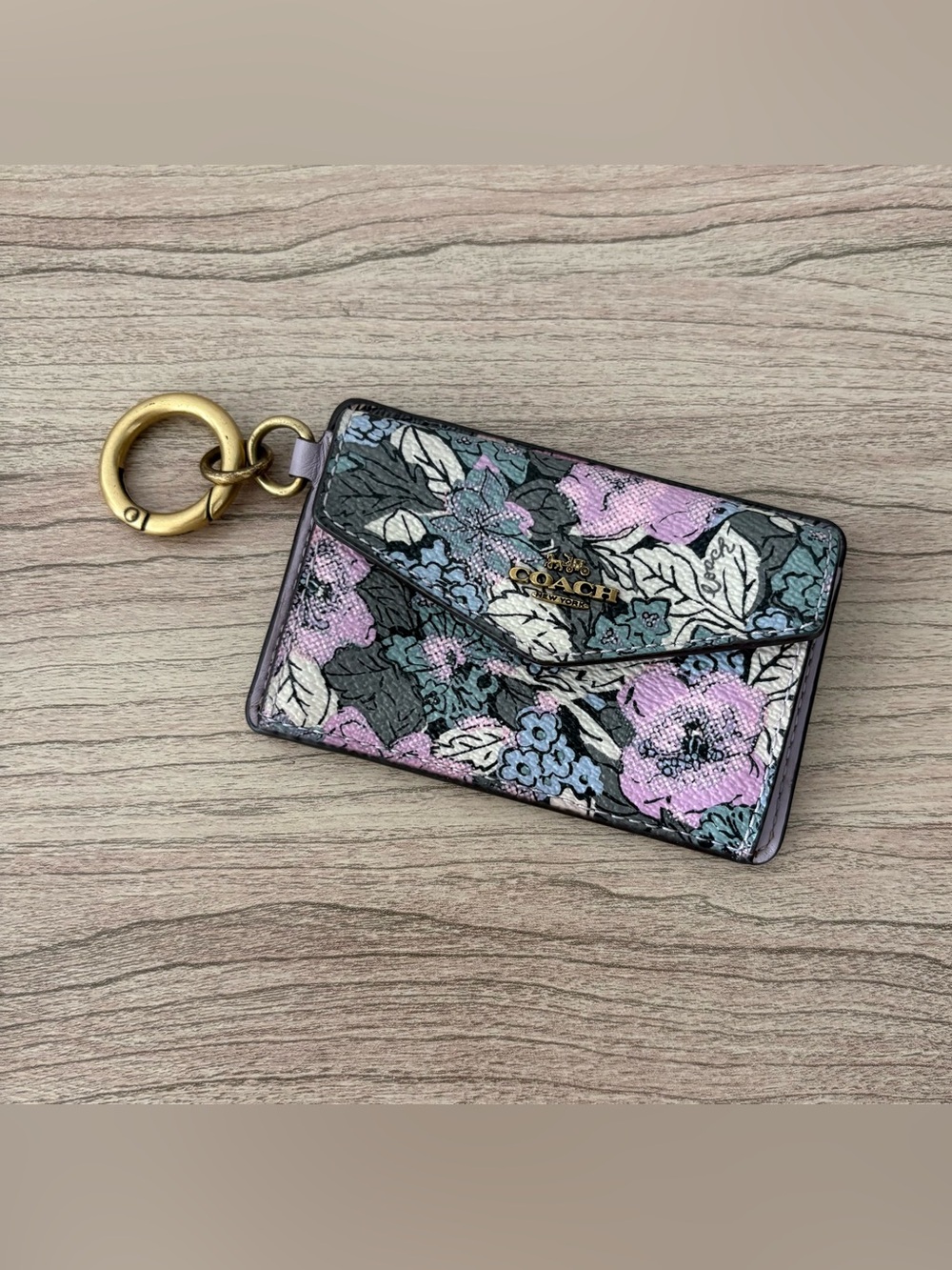 Coach Floral Key & Card Holder in Pink, Blue and Black with Gold Hardware